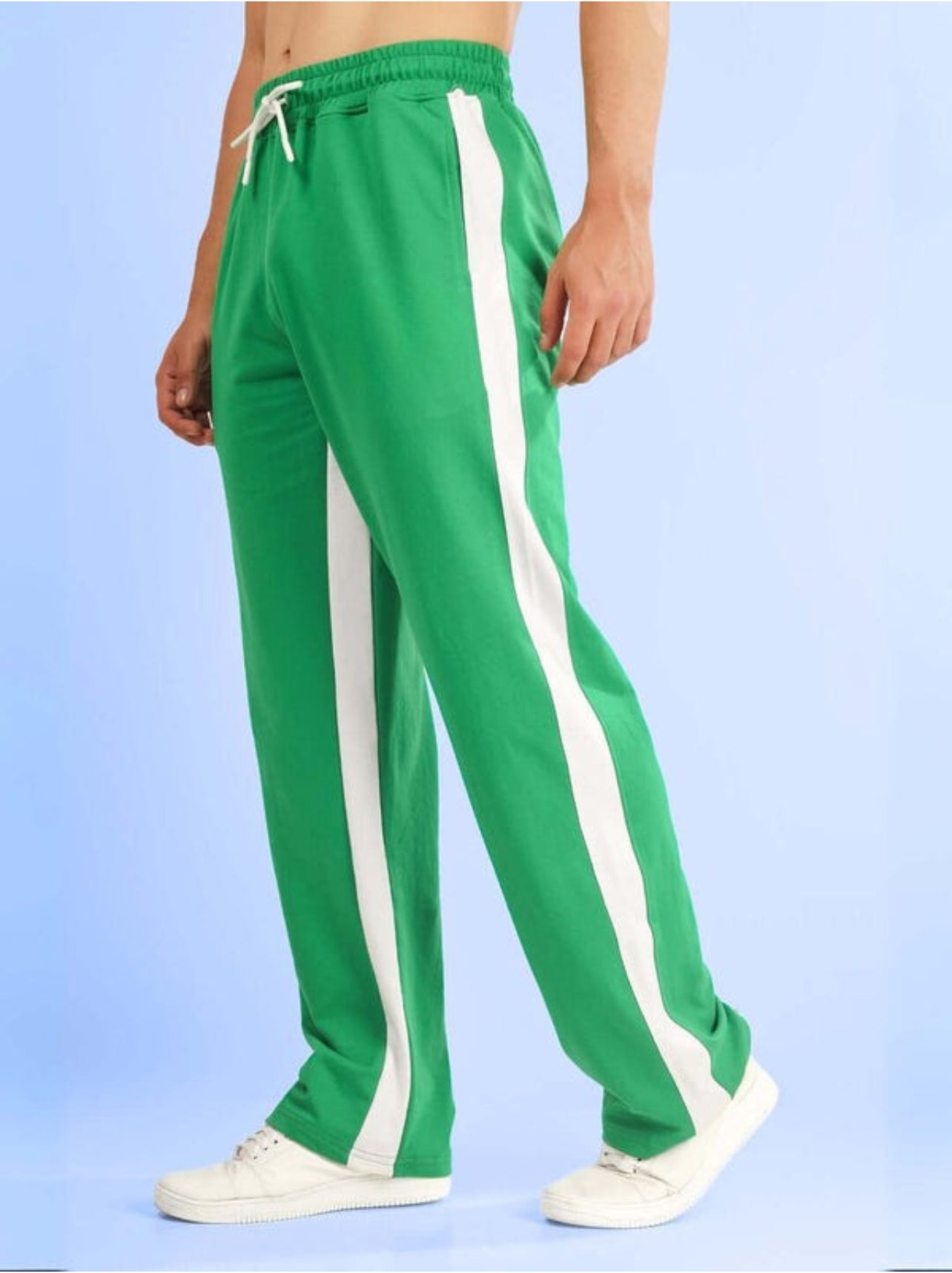 Genz-classic Men's Cotton Side Stripe Track Pants | Straight Fit | Green & White