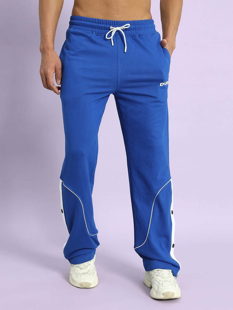 Genz-classic Men's Cotton Straight Fit Track Pants with Side Snap Button Detail | Casual & Sports Wear | Royal Blue