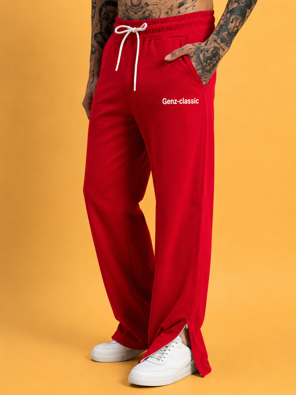 Genz-classic Men's Cotton Straight Fit Track Pants with Bottom Zip | Casual Lounge Wear | Red