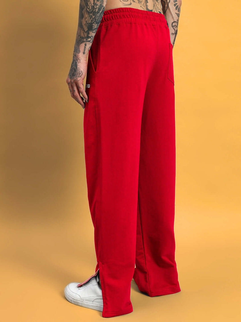 Genz-classic Men's Cotton Straight Fit Track Pants with Bottom Zip | Casual Lounge Wear | Red