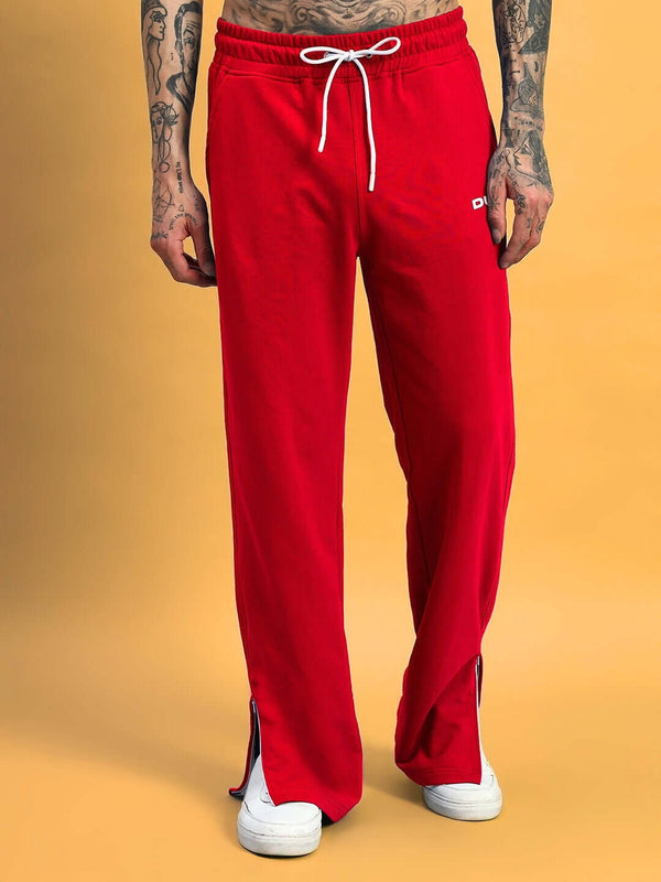 Genz-classic Men's Cotton Straight Fit Track Pants with Bottom Zip | Casual Lounge Wear | Red