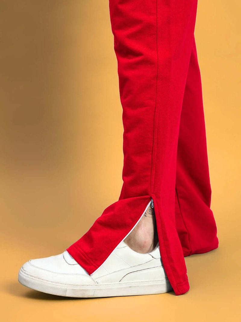 Genz-classic Men's Cotton Straight Fit Track Pants with Bottom Zip | Casual Lounge Wear | Red