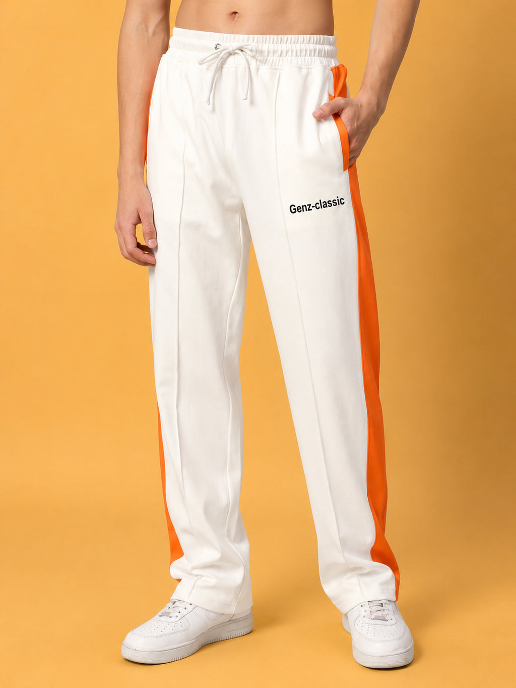 Genz-classic Men's Off White Cotton Track Pants | Orange Side Stripe | Regular Fit Casual Sports Joggers