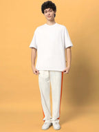 Genz-classic Men's Off White Cotton Track Pants | Orange Side Stripe | Regular Fit Casual Sports Joggers