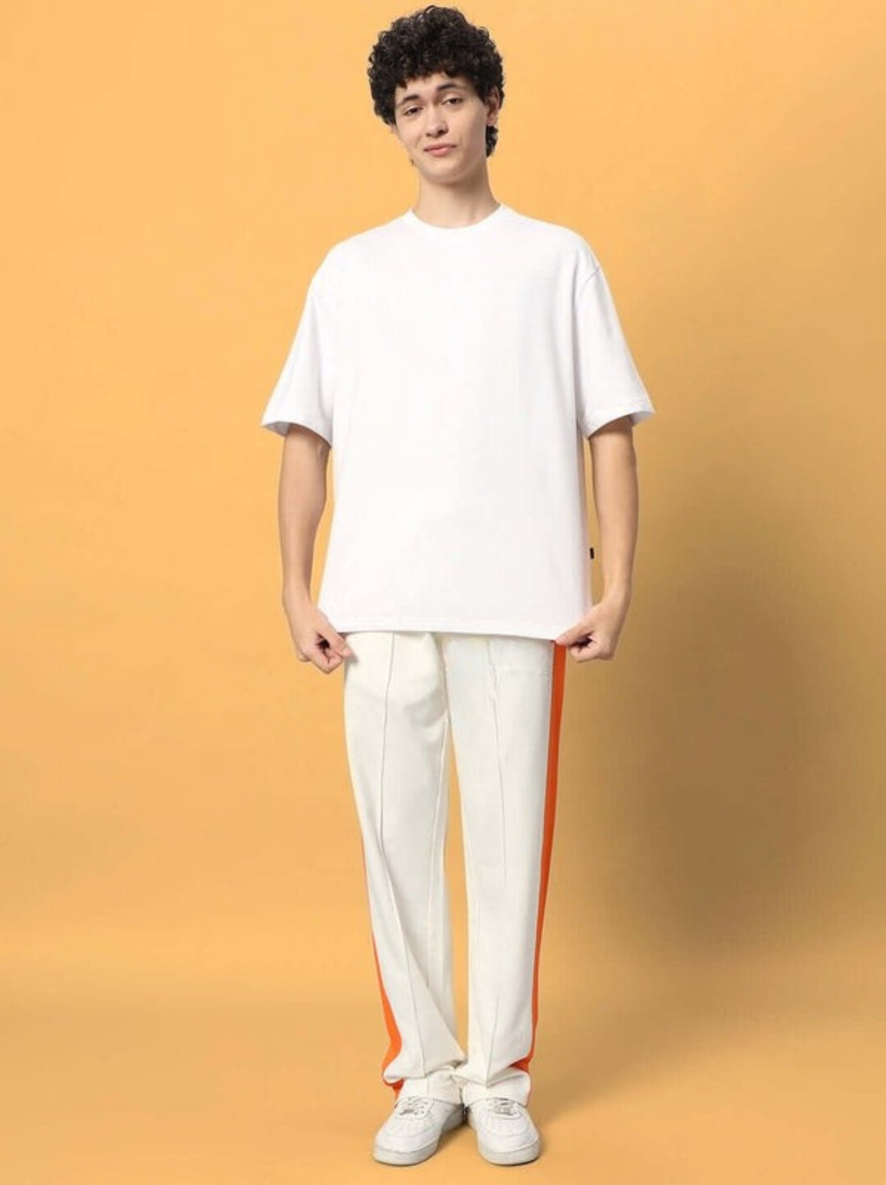 Genz-classic Men's Off White Cotton Track Pants | Orange Side Stripe | Regular Fit Casual Sports Joggers