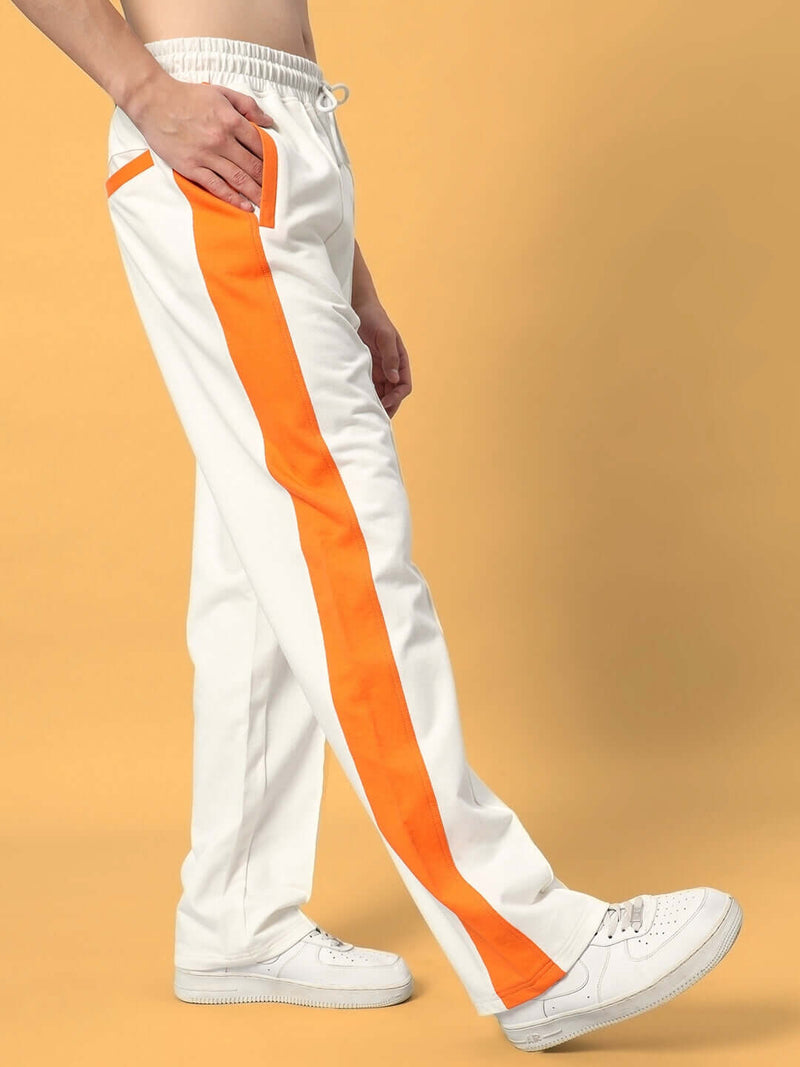 Genz-classic Men's Off White Cotton Track Pants | Orange Side Stripe | Regular Fit Casual Sports Joggers