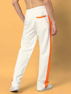 Genz-classic Men's Off White Cotton Track Pants | Orange Side Stripe | Regular Fit Casual Sports Joggers