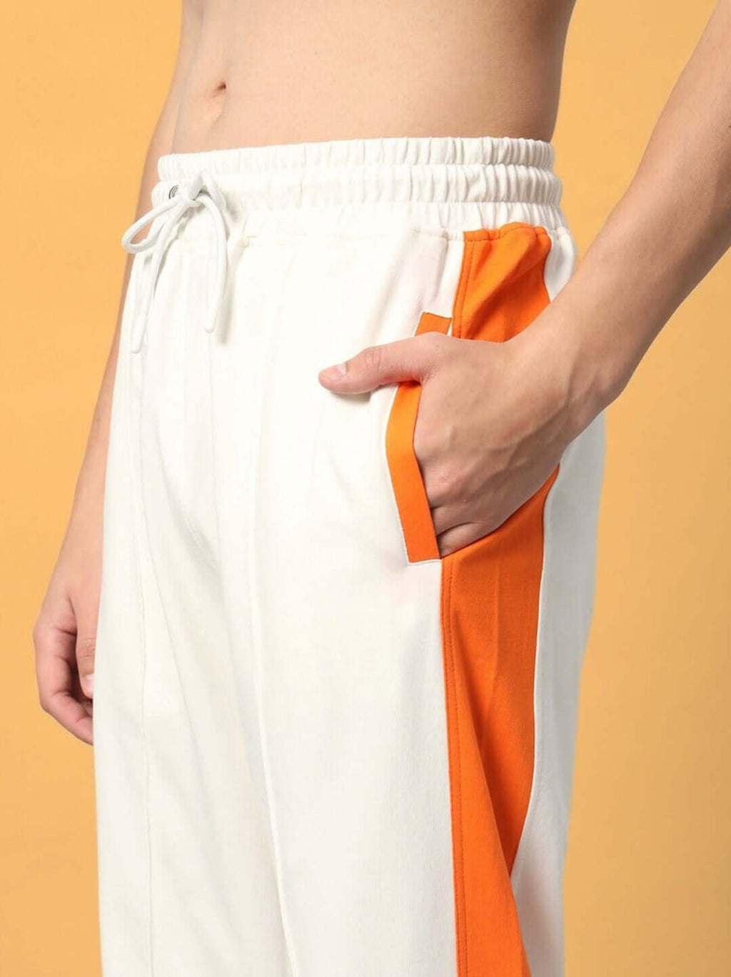 Genz-classic Men's Off White Cotton Track Pants | Orange Side Stripe | Regular Fit Casual Sports Joggers