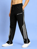 Genz-classic Men's Cotton Side Stripe Track Pants with Snap Button Hem | Straight Fit | Black