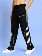 Genz-classic Men's Cotton Side Stripe Track Pants with Snap Button Hem | Straight Fit | Black
