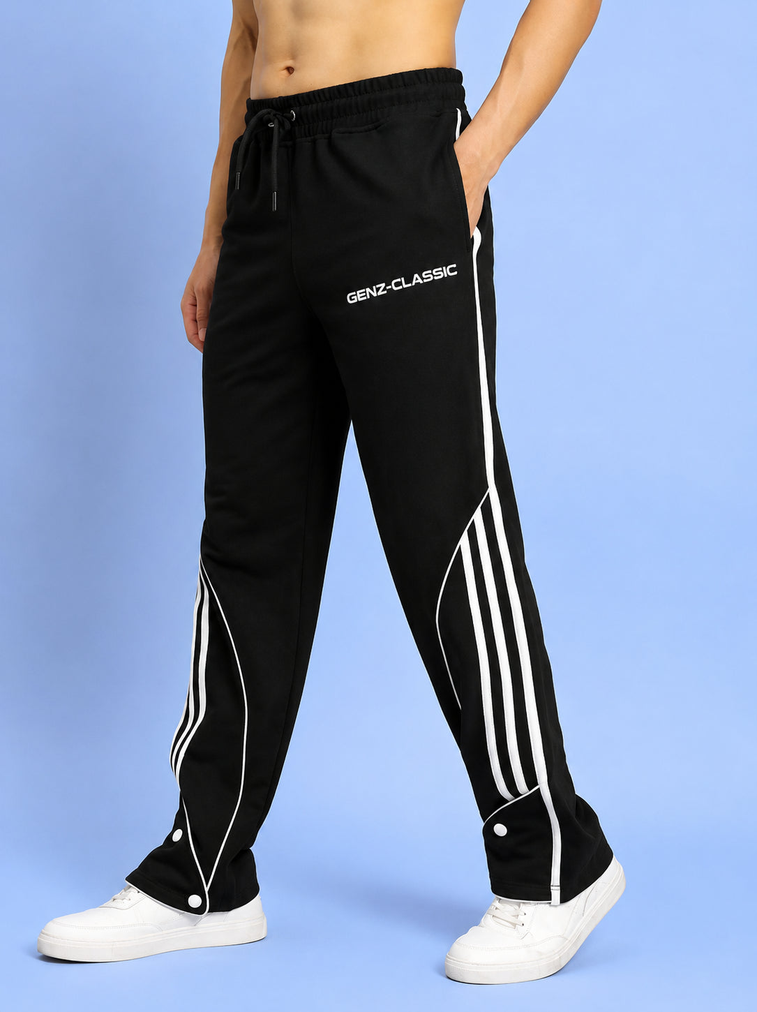 Genz-classic Men's Cotton Side Stripe Track Pants with Snap Button Hem | Straight Fit | Black