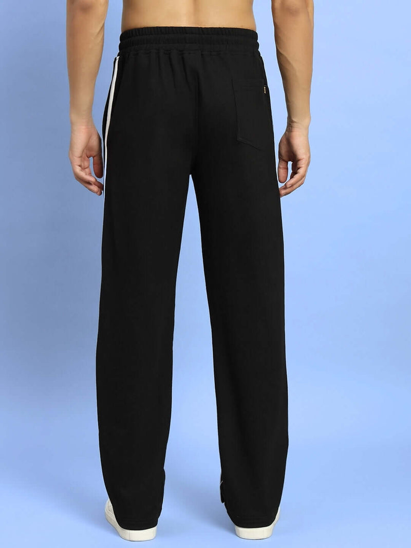 Genz-classic Men's Cotton Side Stripe Track Pants with Snap Button Hem | Straight Fit | Black