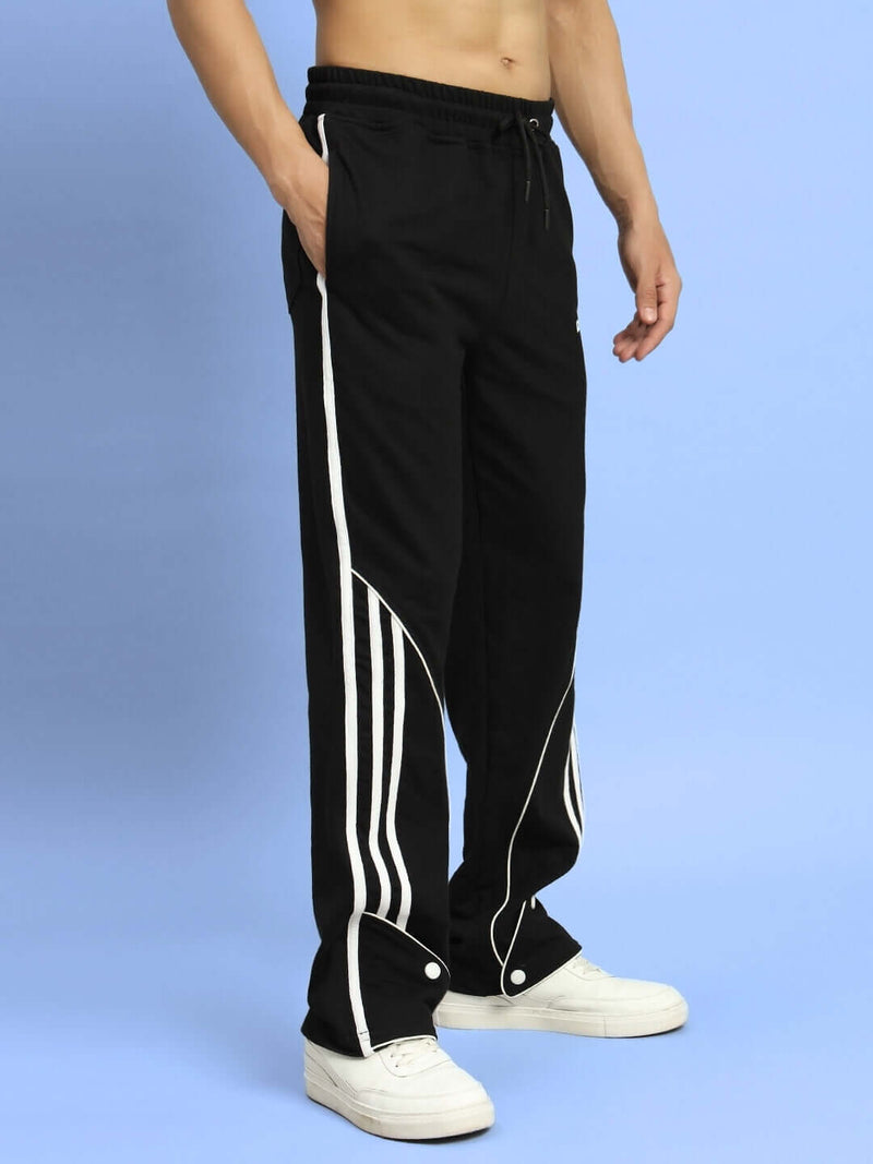 Genz-classic Men's Cotton Side Stripe Track Pants with Snap Button Hem | Straight Fit | Black