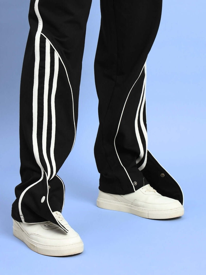 Genz-classic Men's Cotton Side Stripe Track Pants with Snap Button Hem | Straight Fit | Black