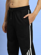 Genz-classic Men's Cotton Side Stripe Track Pants with Snap Button Hem | Straight Fit | Black