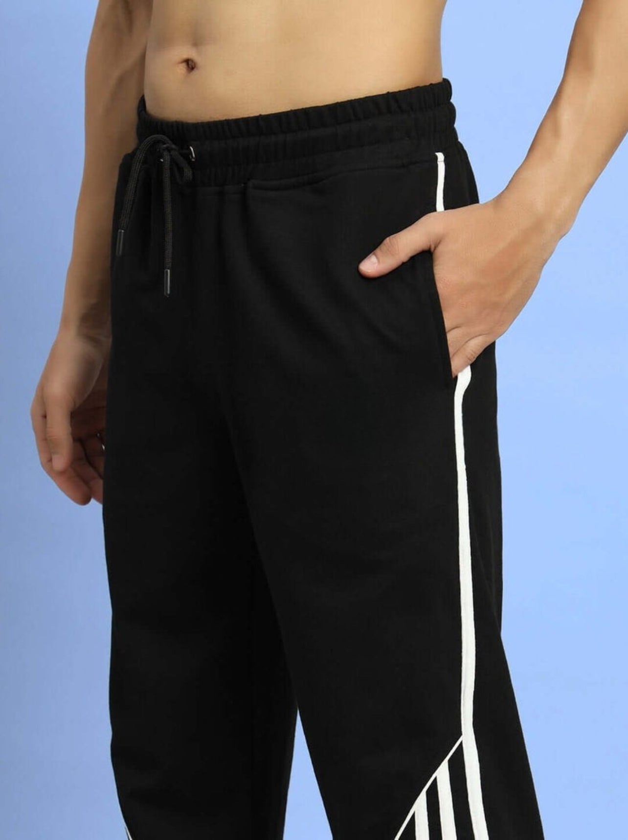Genz-classic Men's Cotton Side Stripe Track Pants with Snap Button Hem | Straight Fit | Black
