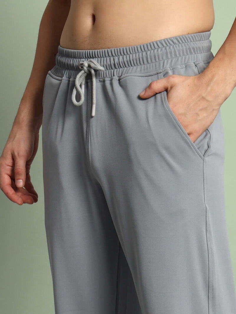 Genz-classic Men's Cotton Straight Fit Track Pants with Zipper Pocket | Casual Lounge Wear | Light Grey