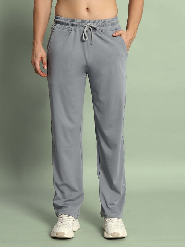 Genz-classic Men's Cotton Straight Fit Track Pants with Zipper Pocket | Casual Lounge Wear | Light Grey