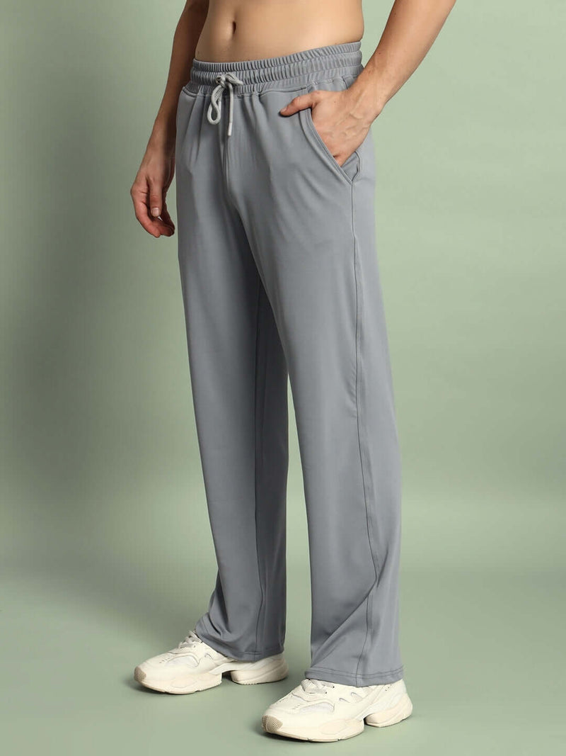 Genz-classic Men's Cotton Straight Fit Track Pants with Zipper Pocket | Casual Lounge Wear | Light Grey