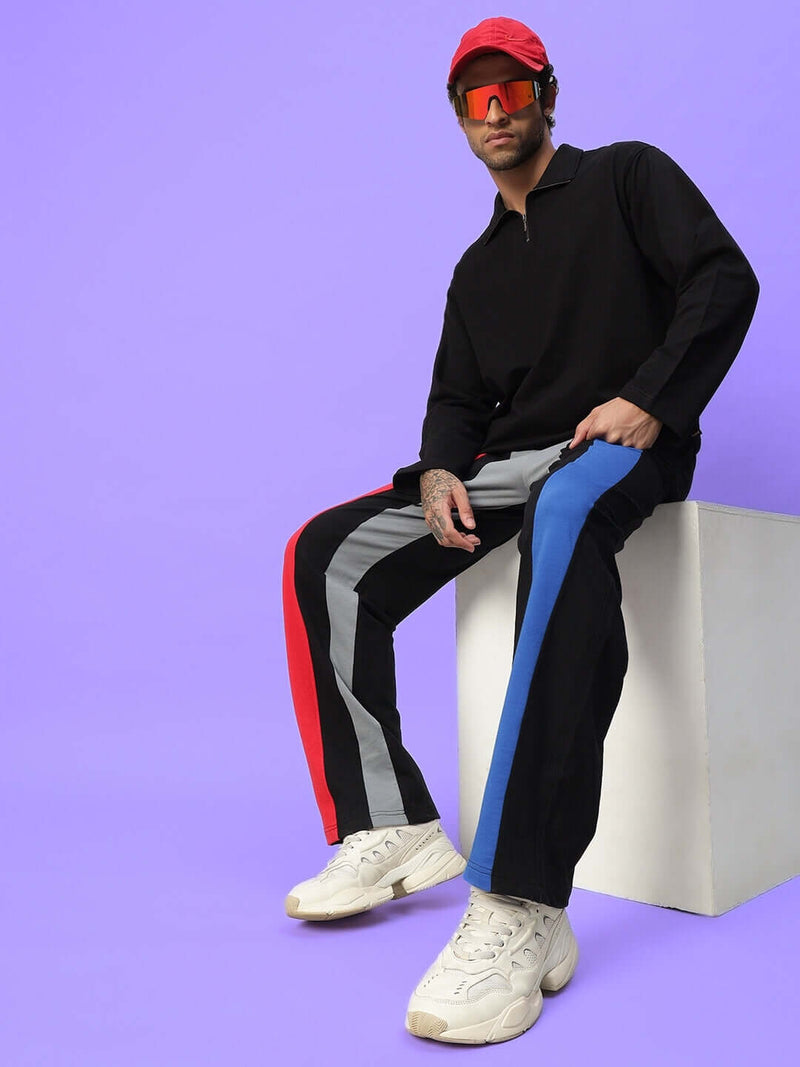 Genz-classic Men's Cotton Color Block Track Pants | Black Grey Red Blue Panel | Regular Fit Casual Lower