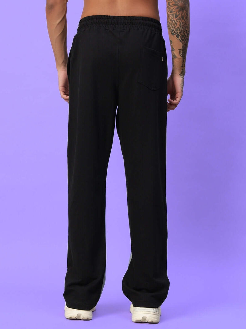 Genz-classic Men's Cotton Color Block Track Pants | Black Grey Red Blue Panel | Regular Fit Casual Lower