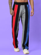 Genz-classic Men's Cotton Color Block Track Pants | Black Grey Red Blue Panel | Regular Fit Casual Lower