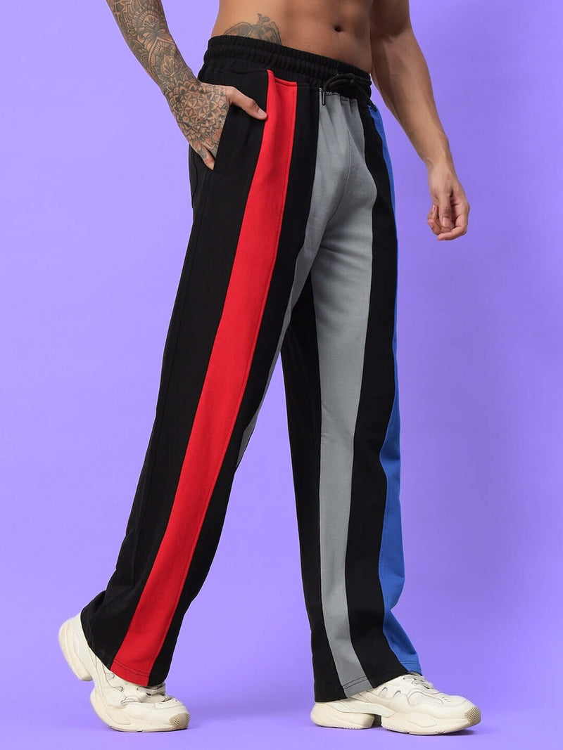 Genz-classic Men's Cotton Color Block Track Pants | Black Grey Red Blue Panel | Regular Fit Casual Lower