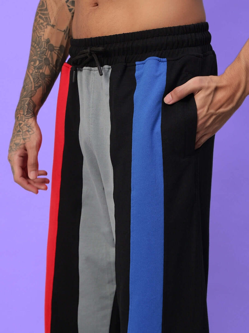 Genz-classic Men's Cotton Color Block Track Pants | Black Grey Red Blue Panel | Regular Fit Casual Lower