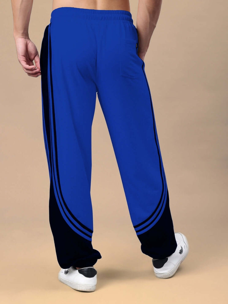 Genz-classic Men's Royal Blue Cotton Track Pants | Contrast Black Side Panels | Regular Fit Sports Joggers