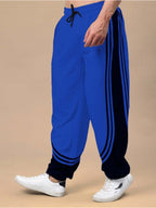 Genz-classic Men's Royal Blue Cotton Track Pants | Contrast Black Side Panels | Regular Fit Sports Joggers