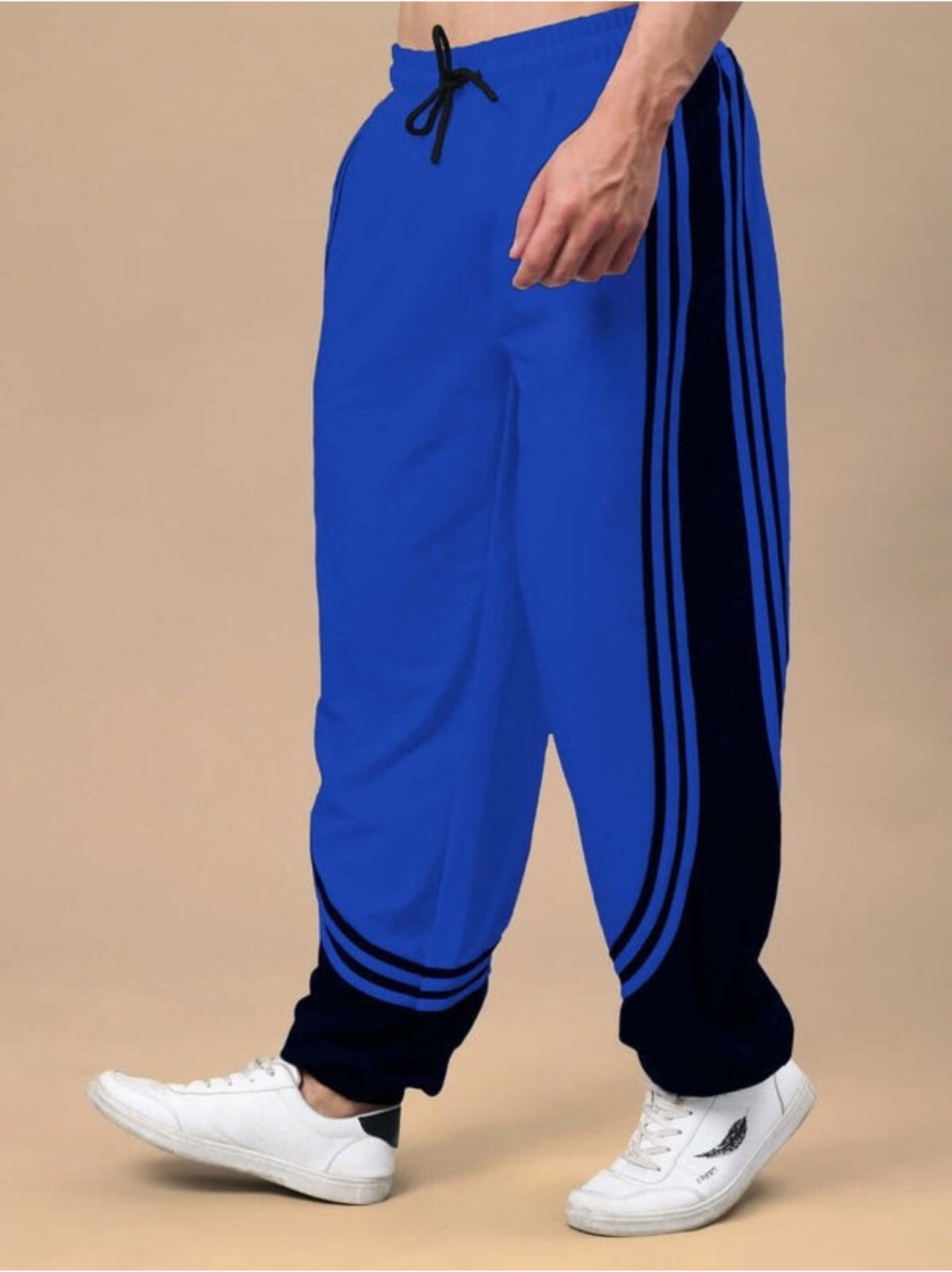 Genz-classic Men's Royal Blue Cotton Track Pants | Contrast Black Side Panels | Regular Fit Sports Joggers
