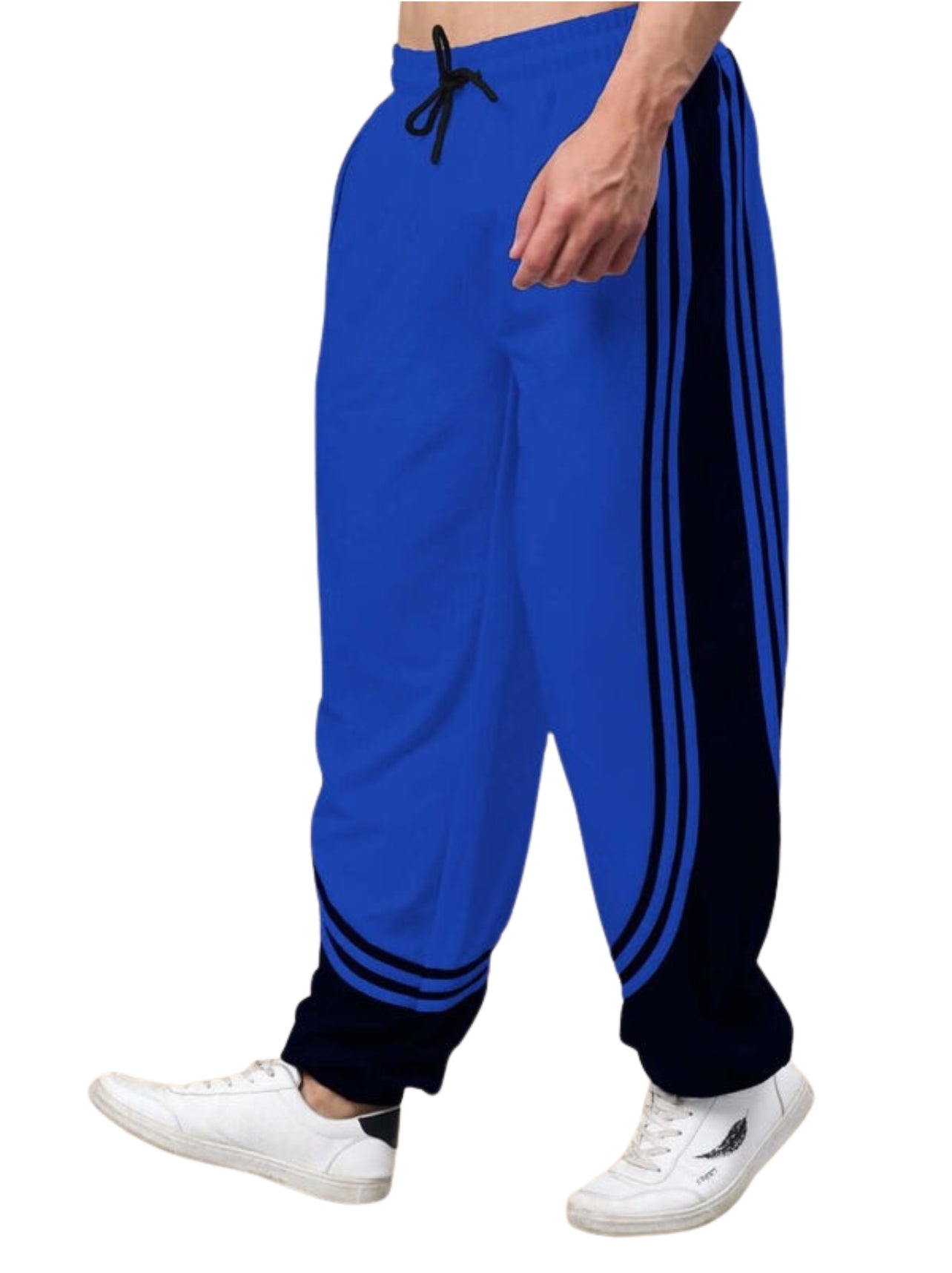 Genz-classic Men's Royal Blue Cotton Track Pants | Contrast Black Side Panels | Regular Fit Sports Joggers