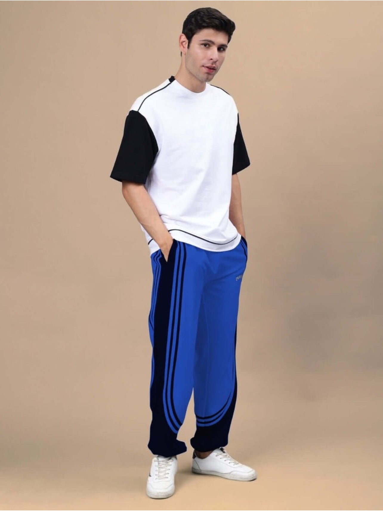 Genz-classic Men's Royal Blue Cotton Track Pants | Contrast Black Side Panels | Regular Fit Sports Joggers