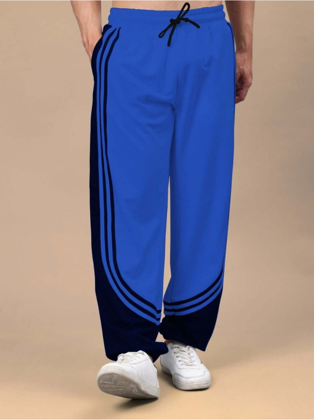 Genz-classic Men's Royal Blue Cotton Track Pants | Contrast Black Side Panels | Regular Fit Sports Joggers