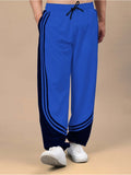 Genz-classic Men's Royal Blue Cotton Track Pants | Contrast Black Side Panels | Regular Fit Sports Joggers