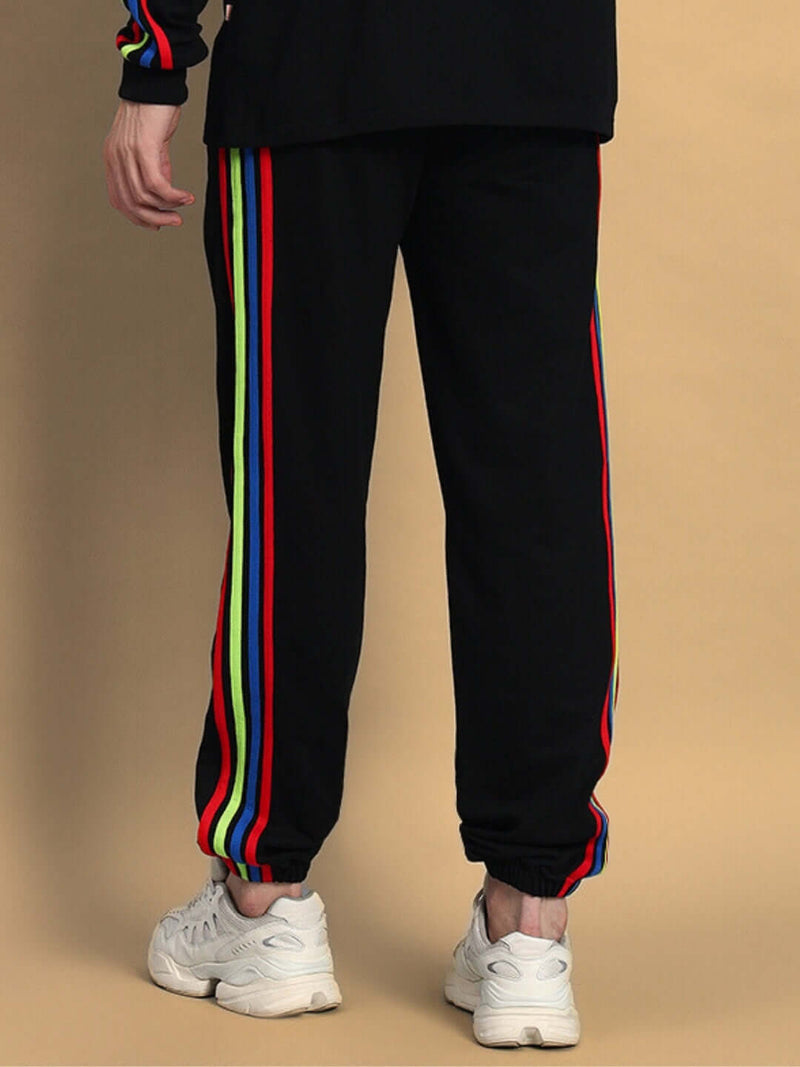 Genz-classic Men's Cotton Jogger Track Pants | Black with Multicolor Side Stripes | Ribbed Cuff | Casual Gym & Streetwear