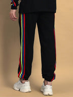 Genz-classic Men's Cotton Jogger Track Pants | Black with Multicolor Side Stripes | Ribbed Cuff | Casual Gym & Streetwear