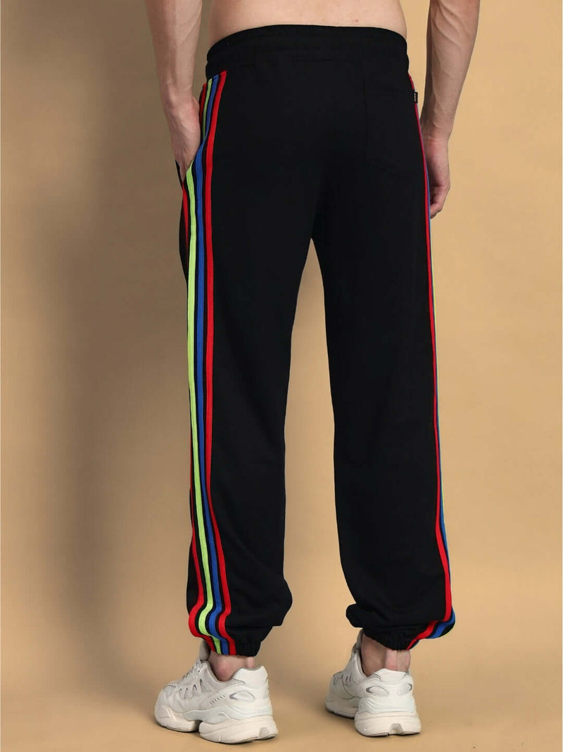 Genz-classic Men's Cotton Jogger Track Pants | Black with Multicolor Side Stripes | Ribbed Cuff | Casual Gym & Streetwear