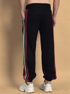 Genz-classic Men's Cotton Jogger Track Pants | Black with Multicolor Side Stripes | Ribbed Cuff | Casual Gym & Streetwear