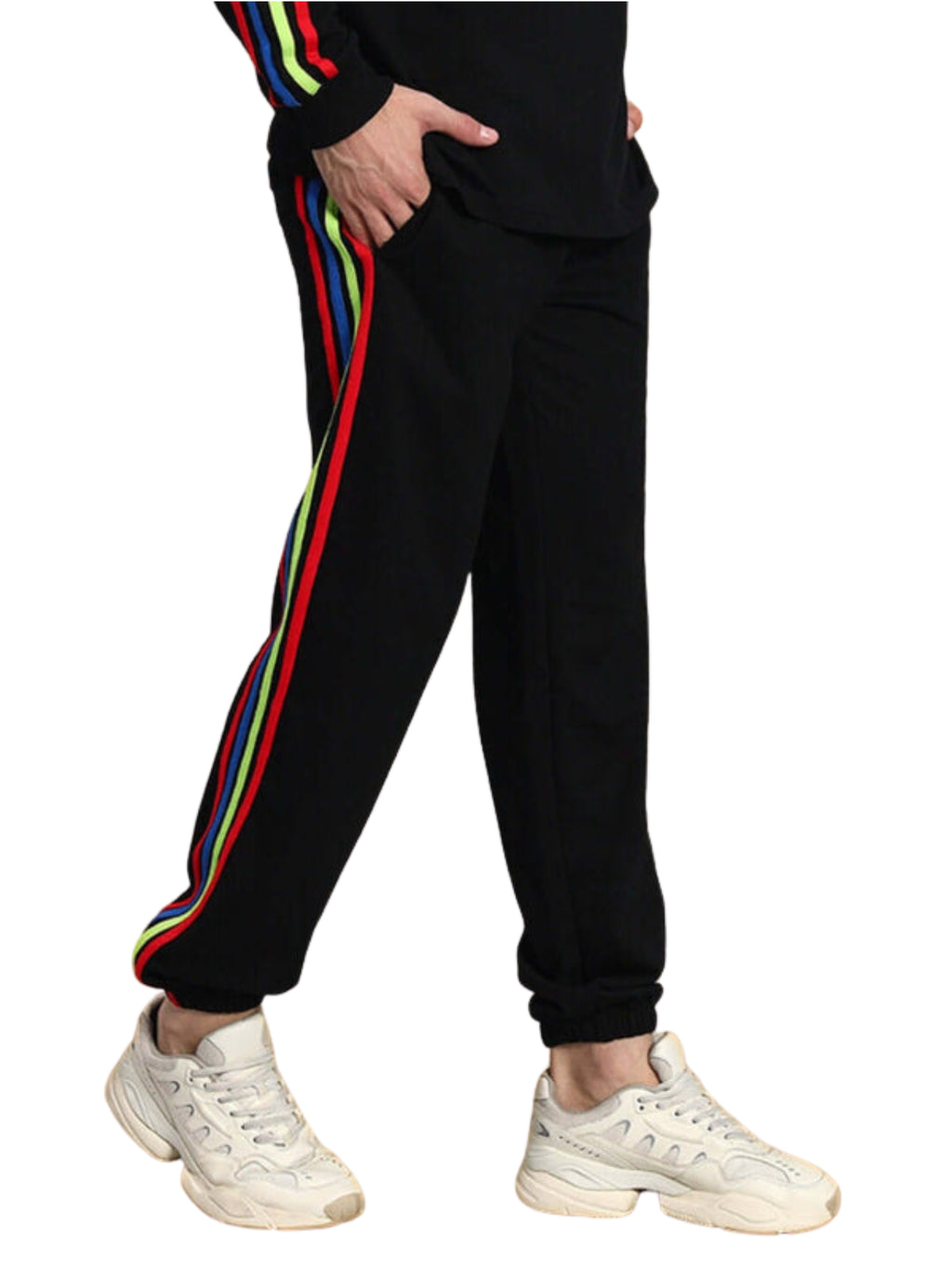 Genz-classic Men's Cotton Jogger Track Pants | Black with Multicolor Side Stripes | Ribbed Cuff | Casual Gym & Streetwear