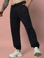 Genz-classic Men's Cotton Solid Black Joggers | Regular Fit Track Pants | Elastic Waist Casual Lower