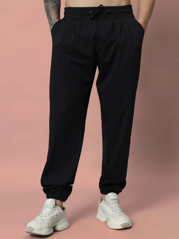Genz-classic Men's Cotton Solid Black Joggers | Regular Fit Track Pants | Elastic Waist Casual Lower