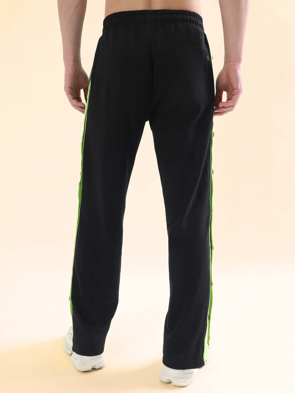 Genz-classic Men's Cotton Side Snap Button Track Pants with Triple Neon Green Stripes | Straight Fit | Black