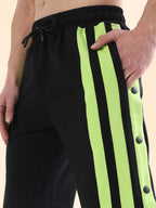 Genz-classic Men's Cotton Side Snap Button Track Pants with Triple Neon Green Stripes | Straight Fit | Black