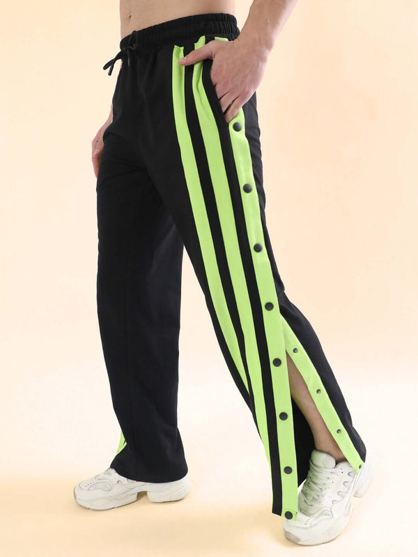 Genz-classic Men's Cotton Side Snap Button Track Pants with Triple Neon Green Stripes | Straight Fit | Black