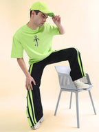 Genz-classic Men's Cotton Side Snap Button Track Pants with Triple Neon Green Stripes | Straight Fit | Black