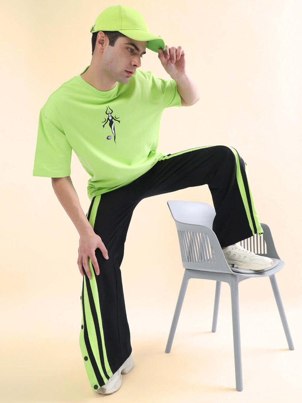 Genz-classic Men's Cotton Side Snap Button Track Pants with Triple Neon Green Stripes | Straight Fit | Black