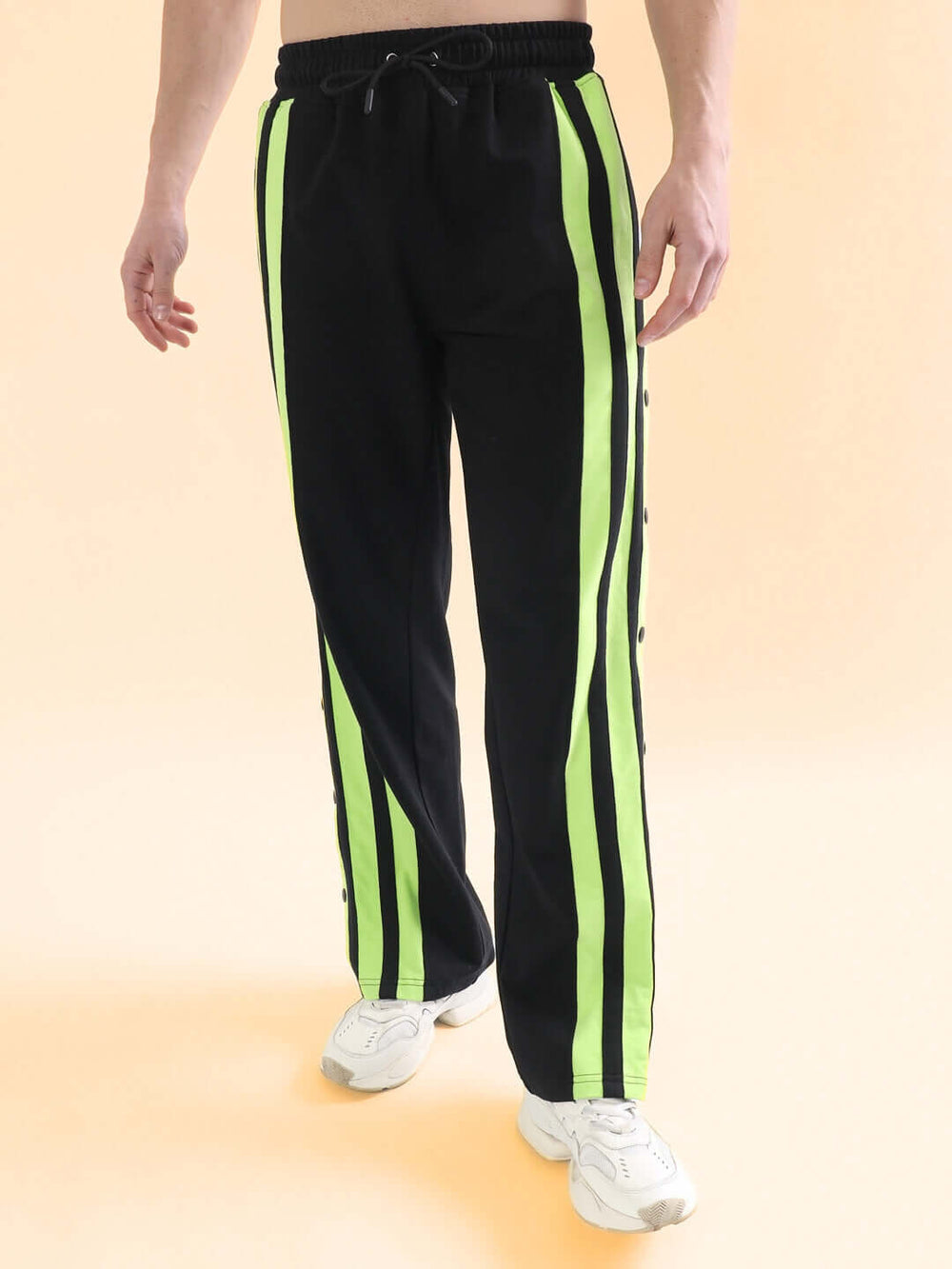 Genz-classic Men's Cotton Side Snap Button Track Pants with Triple Neon Green Stripes | Straight Fit | Black