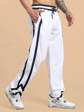 Genz-classic Men's Cotton White Track Pants | Black Contrast Side Panels | Relaxed Fit | Casual Streetwear & Lounge Wear