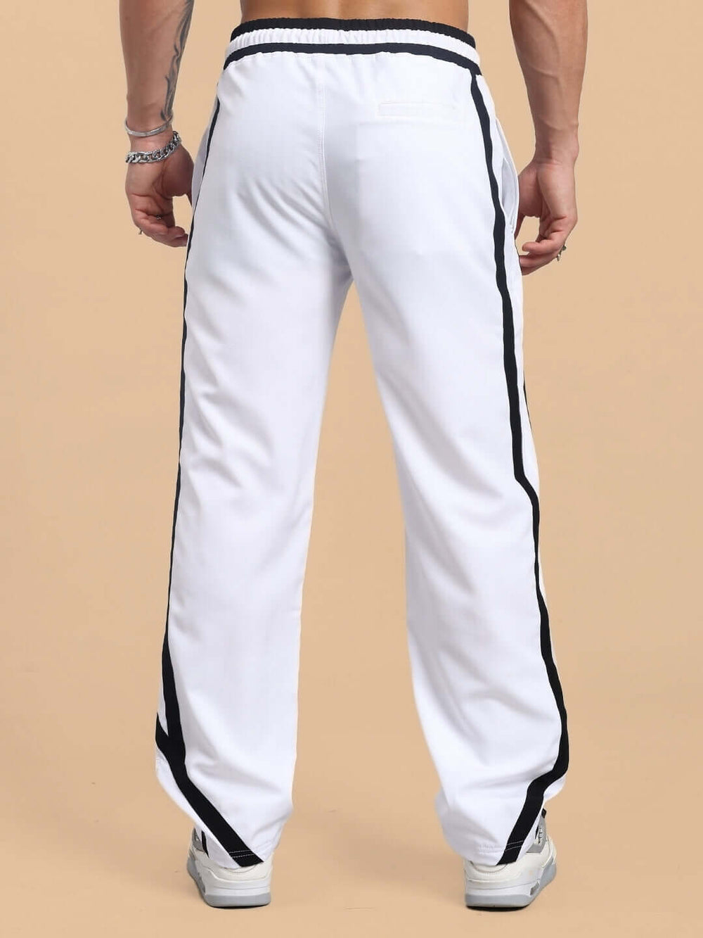 Genz-classic Men's Cotton White Track Pants | Black Contrast Side Panels | Relaxed Fit | Casual Streetwear & Lounge Wear